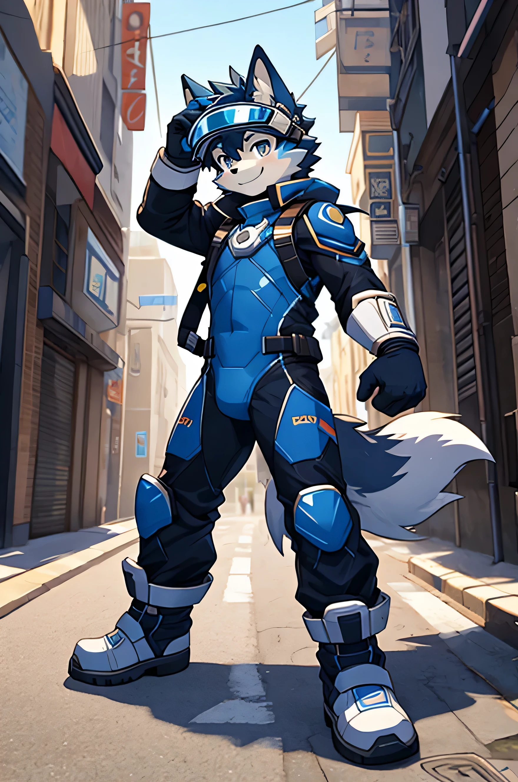 furry,1boy, dark blue wolf boy, tight bodysuit, young hero, white gloves, white boots, street background, smile, shota, visor