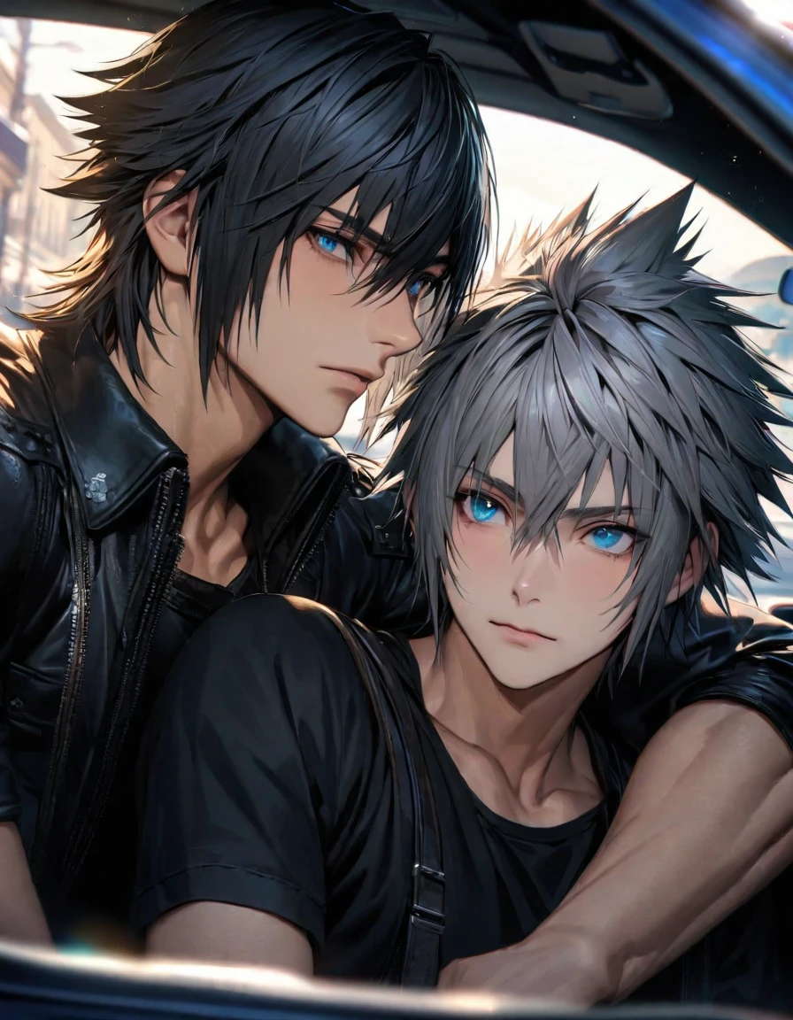 absurdres, highres, ultra detailed, HDR), masterpiece, best quality, vibrant blue eyes, finely eyes and detailed face, Riku, grey hair, Noctis Lucis Caelum, black spiky hair, Kingdom hearts, Final fantasy xv, 2men together, gay, handsome, sitting inside a car, head resting against a shoulder