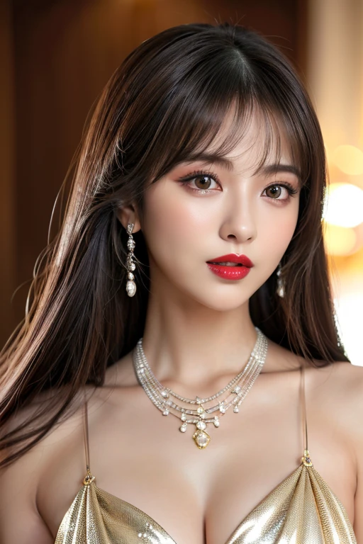 (highest quality、Full body photo 1.2、8K、best image quality、Award-winning work)、(one young girl, 14 years old:1.3)、(Luxury dresses:1.2)、(red eyeshadow:1.2)、perfect makeup、long eyelashes、Super high-definition sparkling eyes、ultra high definition hair、ultra high resolution glossy lips、Super high resolution perfect teeth、Super high resolution cute face、brown hair、(((very long straight hair:1.2))、look at me and smile、[clavicle]、accurate anatomy、Luxury love hotel、(The most moody warm lighting:1.2)、blurred background、With bangs、Super high-resolution glossy and moisturized face、Super high resolution glowing skin、most detailed face、Ultra high resolution detailed faces、ultra high resolution hair、Super high resolution sparkling eyes、Beautiful face drawn in every detail、Super high resolution glossy red lips、big breasts、cleavage、Fashionable necklaces