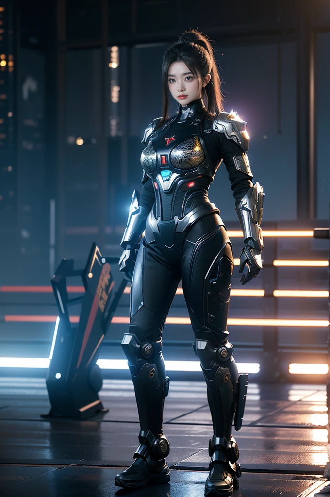 game art,best picture quality,Highest resolution,8k,((A half-length photo)),((portrait)),(rule of thirds),Unreal Engine 5 rendering works, (Future girl),(female warrior), 22-year-old young hacker),(ancient oriental hairstyle),(Beautiful eyes full of details),(big breasts),(eye shadow),Elegant and charming,indifferent,((frown)),(Combat suit full of futuristic technology,The costume combines futuristic power armor and,Clothing is decorated with glittering patterns and emblems),cyberpunk characters,in the style of futuristic, photo poses,city background,lamp,Ray tracing,Game CG,((3D Unreal Engine)),OC rendering reflection pattern