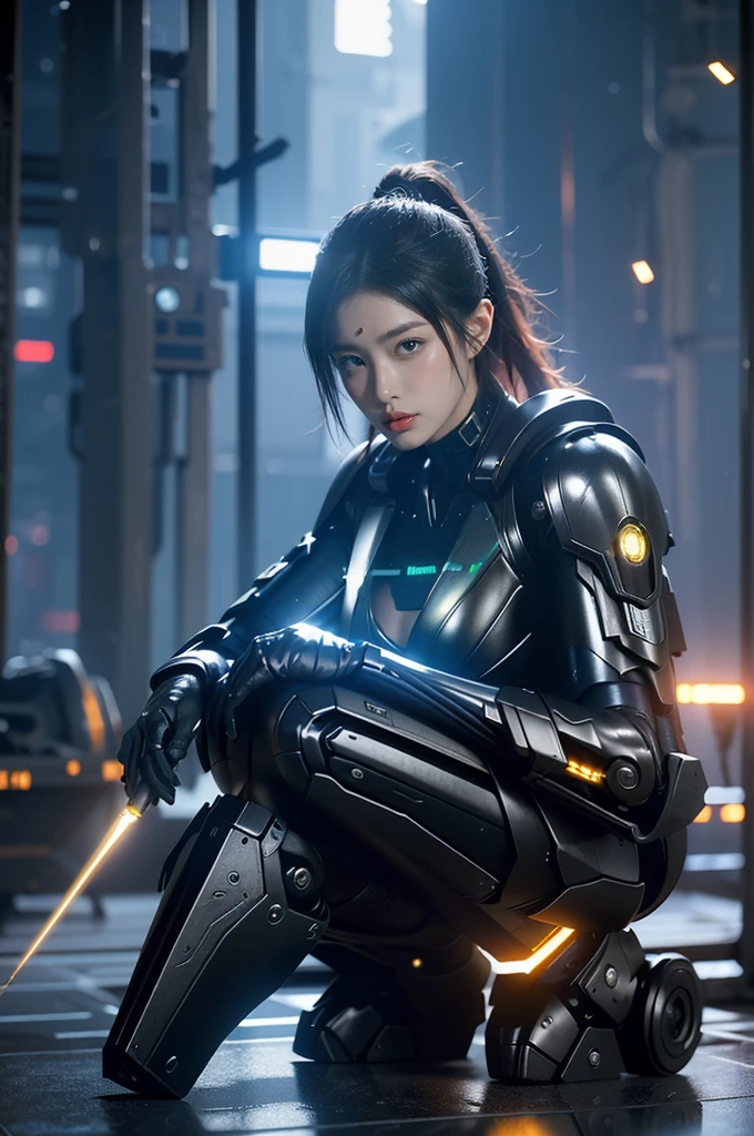 game art,best picture quality,Highest resolution,8k,((A half-length photo)),((portrait)),(rule of thirds),Unreal Engine 5 rendering works, (Future girl),(female warrior), 22-year-old young hacker),(ancient oriental hairstyle),(Beautiful eyes full of details),(big breasts),(eye shadow),Elegant and charming,indifferent,((frown)),(Combat suit full of futuristic technology,The costume combines futuristic power armor and,Clothing is decorated with glittering patterns and emblems),cyberpunk characters,in the style of futuristic, photo poses,city background,lamp,Ray tracing,Game CG,((3D Unreal Engine)),OC rendering reflection pattern