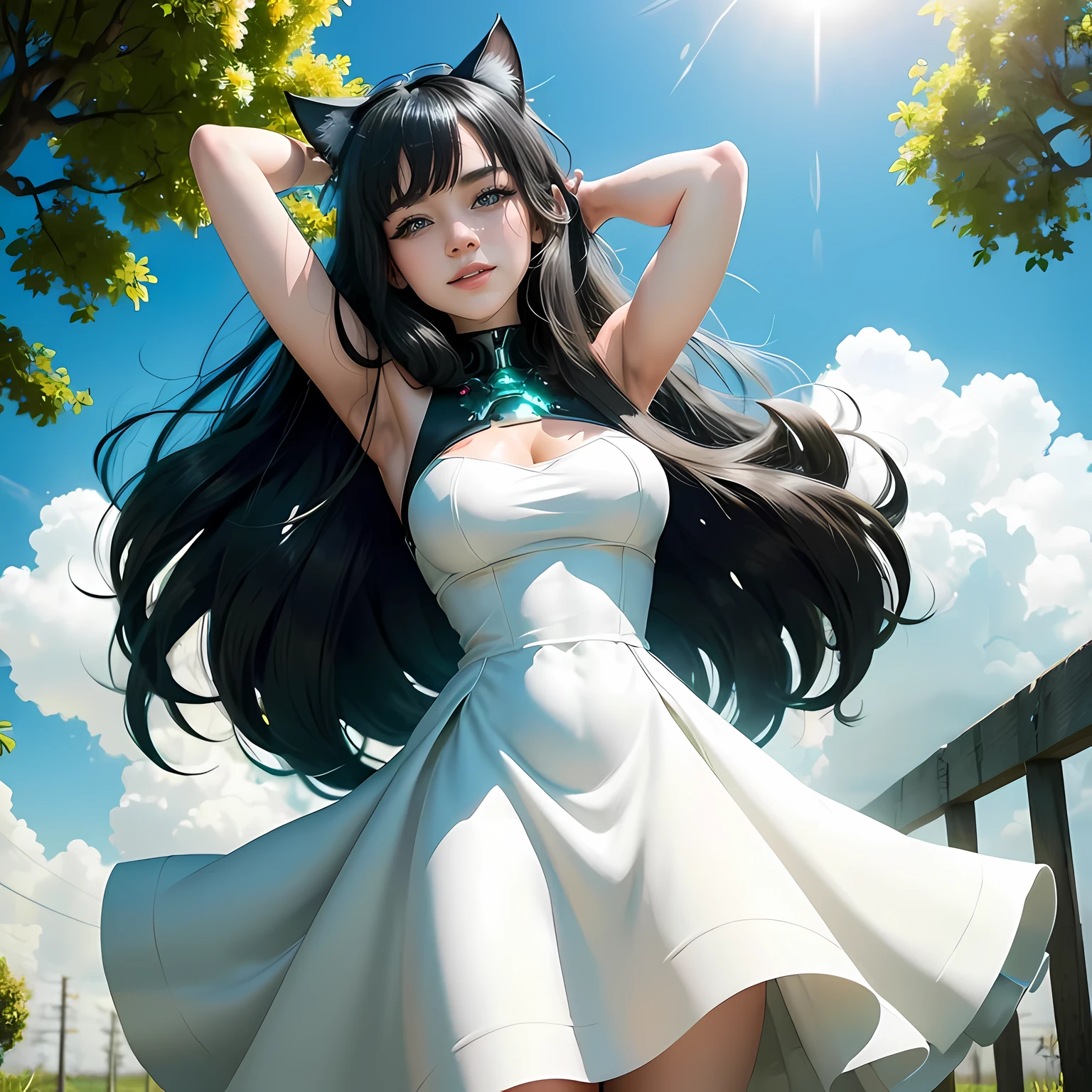 Beautiful woman with green eyes, black hair smiling, fully clothed in a white spring dress, cybernetic cat ears, cyber, sunny day and blue skies in the background, happy, dynamic pose