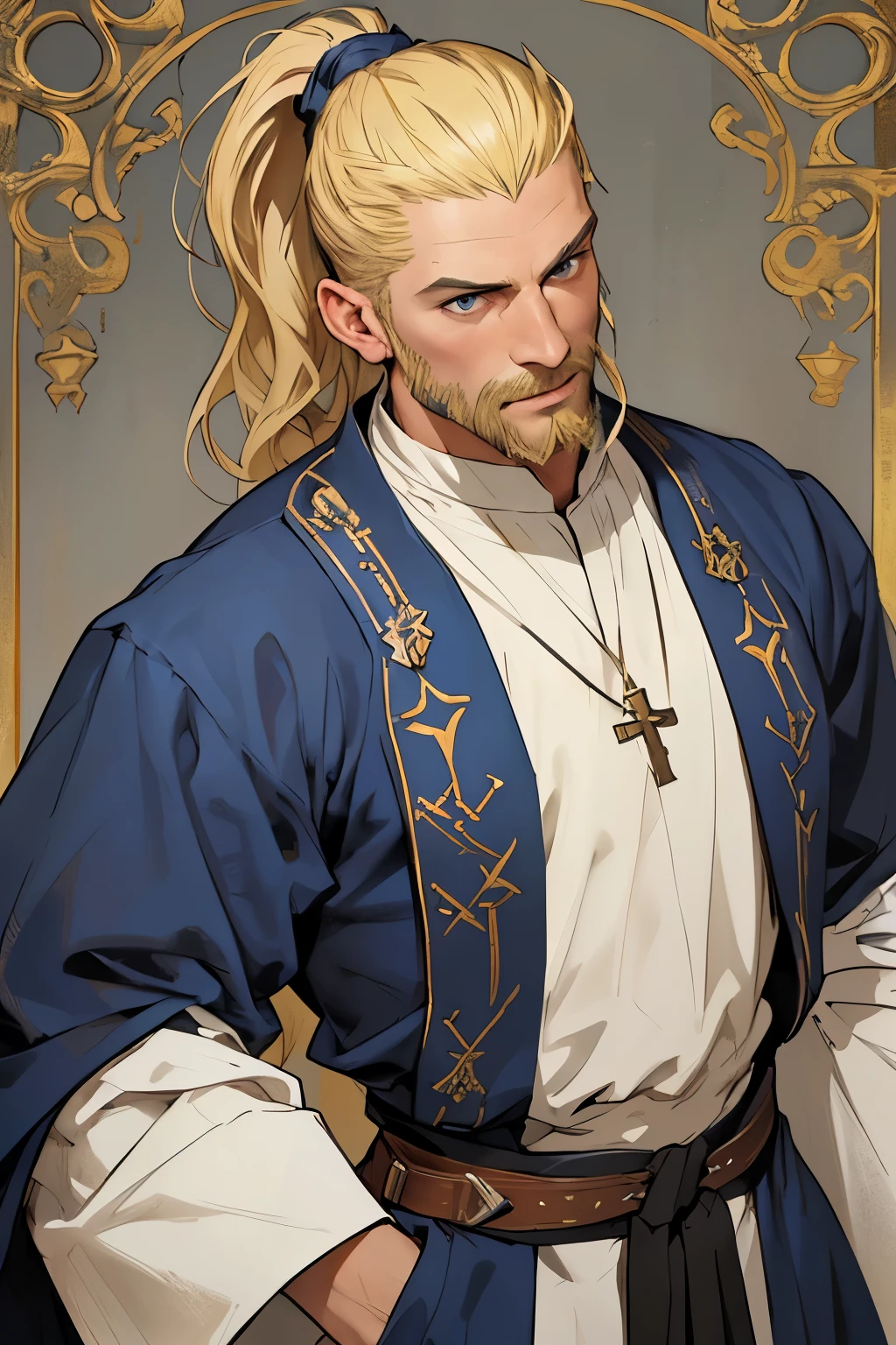 MASTERPIECE, Medieval background, Old, ((facial shaved hair)) ((realistic)), Waist, 1man, solo, male, strong, ((mature male)), ((blonde)), ((short ponytail)), Straight posture, detailed blue eyes, medieval outfit)), ((priest)) ((determinated face)), ((facial hair)), ((Clerig outfit))