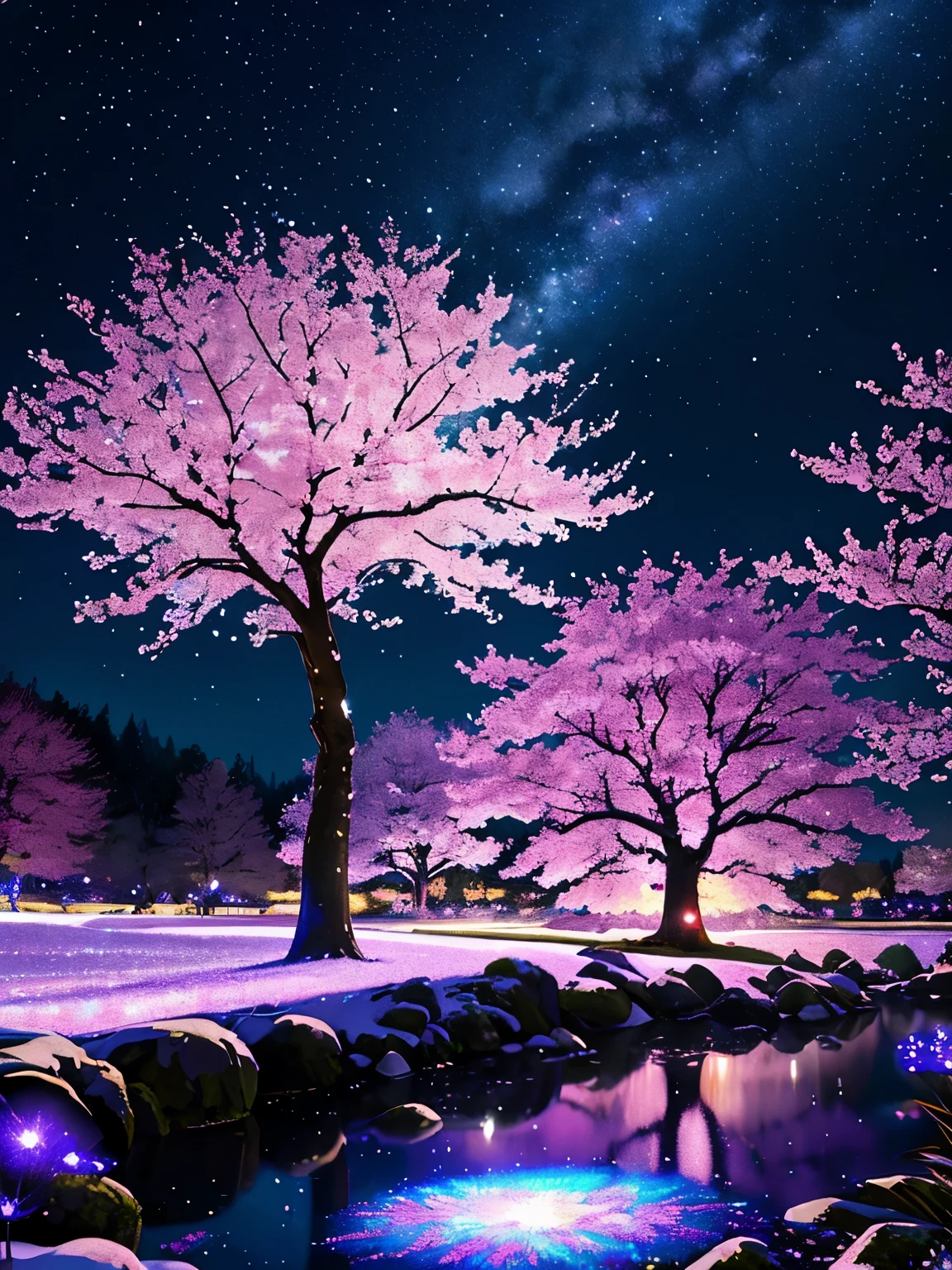 Certainly, the prompt for this image was, “An imaginative view of a cherry blossom tree at night with a more vivid and sparkling universe in the background. The scene is filled with bright, saturated colors to enhance the vibrancy of the cherry blossoms and the celestial bodies. Stars twinkle more intensely, and the Milky Way is depicted with more radiant hues of blues and purples, making the entire scene shimmer with an otherworldly glow. The petals are also infused with subtle iridescence, creating a magical atmosphere as if the tree is bathed in starlight.”