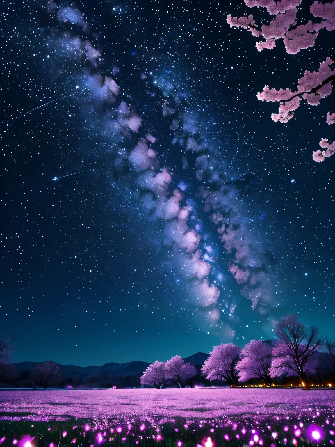 Certainly, the prompt for this image was, “An imaginative view of a cherry blossom tree at night with a more vivid and sparkling universe in the background. The scene is filled with bright, saturated colors to enhance the vibrancy of the cherry blossoms and the celestial bodies. Stars twinkle more intensely, and the Milky Way is depicted with more radiant hues of blues and purples, making the entire scene shimmer with an otherworldly glow. The petals are also infused with subtle iridescence, creating a magical atmosphere as if the tree is bathed in starlight.”