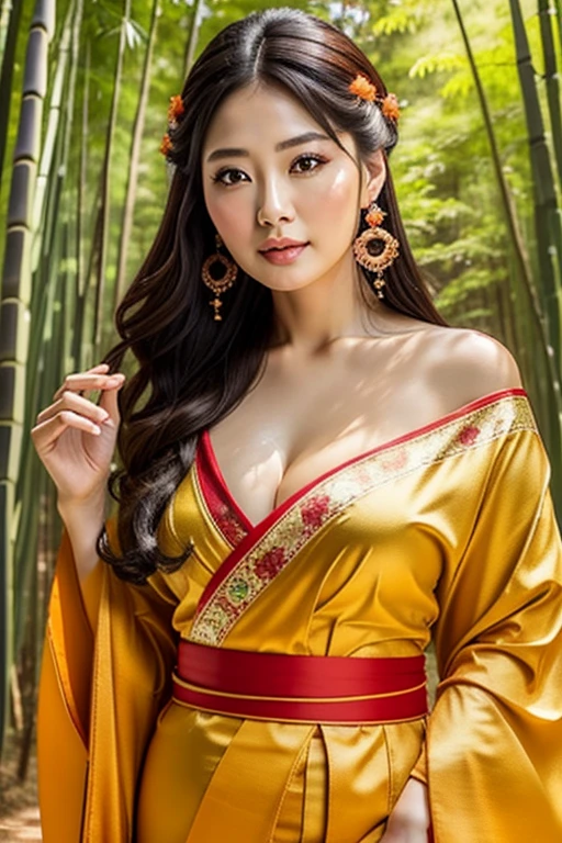 top-quality、masterpiece、超A high resolution、1girl、beautiful_face、Detailed skin、full bodyesbian、yuhuoshu、jewely、solo、earrings、(firey:1.3)、bblurry、life-like、s lips、quaint、37 yo, japanese mature woman、Gorgeous open shoulder kimono, cleavage 、sexy-face、background is bamboo forest、Top image quality、