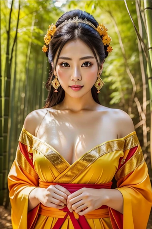 top-quality、​masterpiece、超A high resolution、1girl、beautiful_face、Detailed skin、full bodyesbian、yuhuoshu、jewely、solo、earrings、(firey:1.3)、bblurry、life-like、s lips、quaint、37 yo, japanese mature woman、Gorgeous open shoulder kimono, cleavage 、sexy-face、background is bamboo forest、Top image quality、