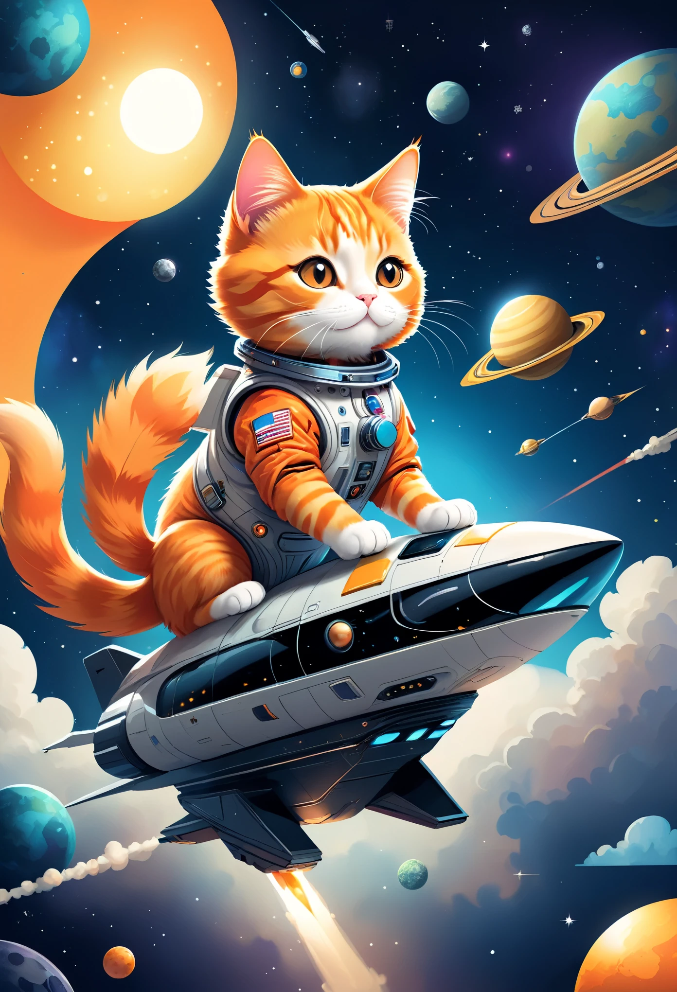 vector art:Cat astronaut,draw with thick lines,illustration,adobe,flat design,Works created by professional designers,超Brilliant宇宙旅行,orange cat:Spacesuit,Rocket emblem,technology,adventure,Inside the spaceship,Stainless steel panel,monitor,Control panel,spaceship windows,no gravity,buoyant,floating object,cute,Fantastic,Brilliant,Bokeh effect,fun,Wonderful,joy,masterpiece,最高masterpiece,rich colors,colorful,cool,rendering,zentangle elements,line art,