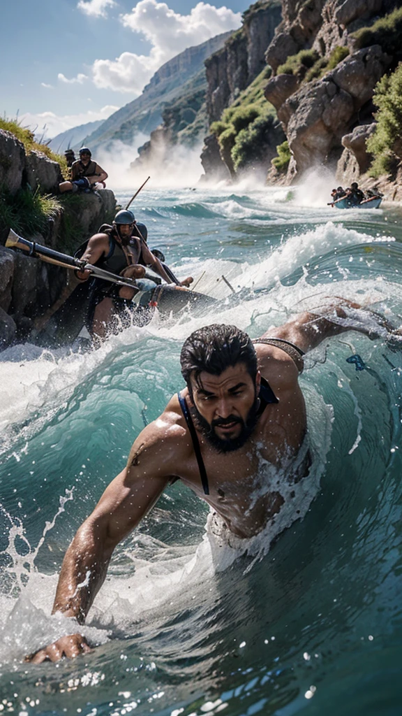Depict the intense battle scene at the pass of Thermopylae, with Persian soldiers attacking in waves and Greek warriors defending their position, hiperrealistic image and 8k resolution.
