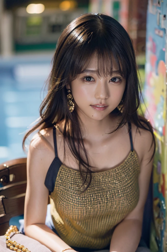 (8K, RAW photo, super high quality, super detailed CG Unity 8K wallpaper, masterpiece: 1.2), one girl, 3D,The depth of field in the photo is perfect、The lens flare added a nice touch,Staring lovingly at the viewer,smile,very beautiful detailed eyes, Accurate glossy iris depiction, The pupils are pitch black and deep., water based humor shine, Highly detailed lashes, Iris with a very slight black edge,beautiful hair,Ultra-fine bristles,accurate shading of hair, Delicate bristles,professional makeup,Ultra-detailed lip,Accurately expresses wrinkles on the lips,Beautiful and lustrous lips,wearing small jewelry earrings, short hair, (Slightly sweaty skin:0.8),sleeveless clothes, Accuracy of shadows created on clothes, chiaroscuro, realistic, A stylish cafe terrace with lots of antique accessories ,nearby fountain、big breasts、
