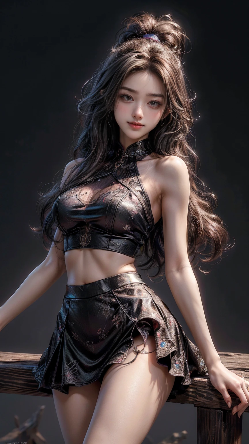 ((masterpiece,Highest image quality, High resolution, photorealistic, Raw photo, 8K)), Ultra Wide Angle,(soft make-up),(smile:1.5), Colored inner hair, Long gray hair:1.5, (Long unkempt hair:1.3), Complex hairstyles, complex eyes, Beautiful and delicate eyes, symmetric eye,(spider lower abdomen, Willow waist, athletic body build, beautiful legs, Detailed body), Cute big breasts,(dynamicposes:1.0),  sharp focus, Embarrassing,(Located in the center, Scale to fit the dimensions, the rule of thirds), particularly eye-catching, during the night, star night, kosmos, artsy photography, Focus sharp, (realistic artwork),(extremely detailed's CG unified 8k wallpapers),((Synthetic wave background theme)),(((vibrant with colors))), intricate,(intricate background), It's a perfect face, Perfect facial detail, Realistic face, ((Masterpiece, high quality, best quality, 8K, wallpaper, thin line, high detailed, ridiculous), 1 girl, Korean pop star, high thigh, mini skirt, top of the net, long black hair, beautiful ones, beautiful ones, beautiful ones, beautiful ones, beautiful ones, beautiful ones, beautiful ones Hand, cameltoe, curly hair, curly hair 