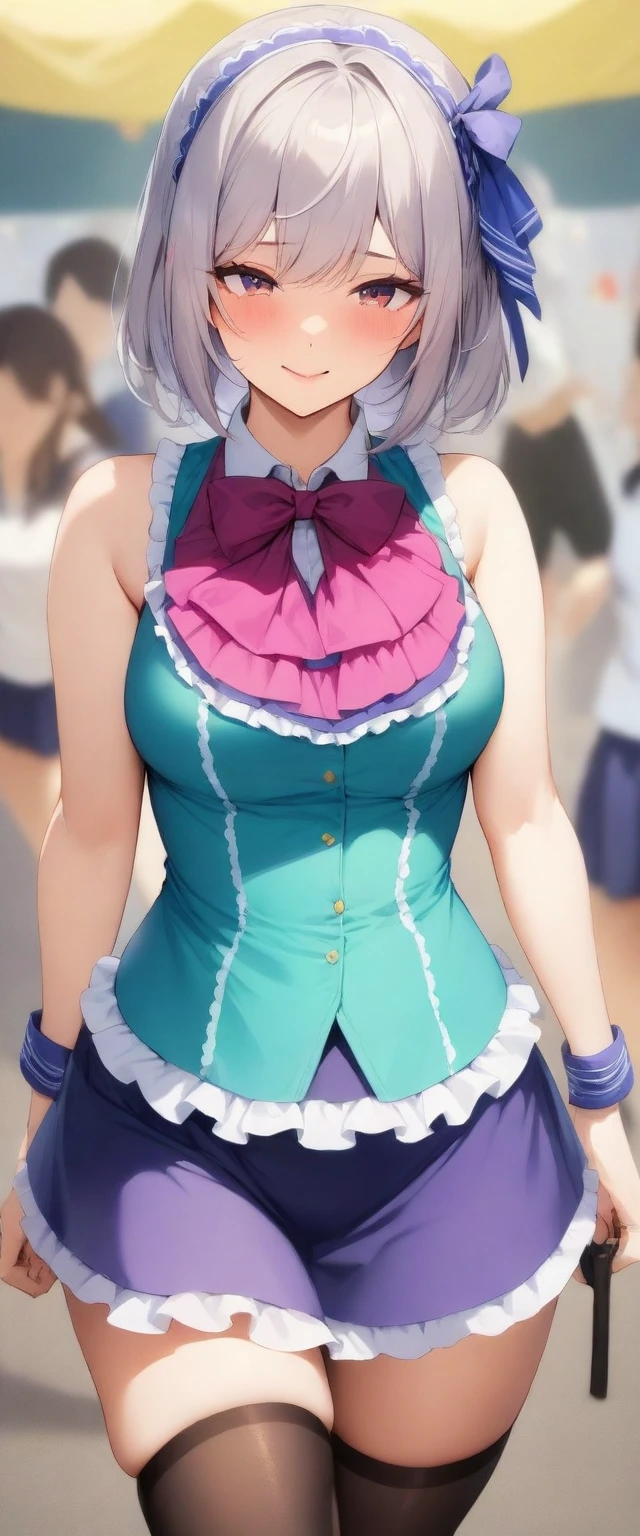 masterpiece, best quality, very aesthetic, absurdres, mature female, (school festival frilled costume:1.3),(mini skirt:1.3), zettai ryouiki, bow tie, hair ribbon,
(button gap:0), sleeveless, cuffs, tights