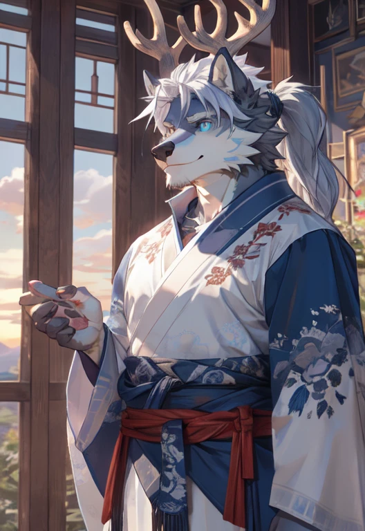 under the sunset，Deer orcs，male，178cm，88kg，17cm，It&#39;s a hybrid of wolf and deer，With golden antlers，deer ears，Wolf paw，wolf tail，Covered with white hair，There is a blue moiré pattern on the collarbone，There is a light blue iris-shaped pattern on the chest，Lean body，But I still have more obvious chest muscles and six-pack abs，blue stripes on arms，Different pupils，left眼的瞳孔是红色，The pupil of the right eye is blue。Wearing a gold frame monocle（left），The temples are antler-shaped，Wearing light blue ancient style Hanfu，The entire garment is dotted with snowflake patterns and cloud patterns.，The wide cuffs of the dress are embroidered with a light blue iris pattern.，A safety buckle tied with a red rope was hung around the waist.，Pinned to the other side is a folding fan。The face is very beautiful，The fluffy silver hair on his head is a bit messy, as if he just woke up from sleep. The long white hair on the back of his head is tied casually into a low ponytail.，A smile as warm as the sun，神秘的Different pupils如湖水般澄澈，profound，Makes him look friendly and harmless yet a little distant。，Smile and stretch out your hand。