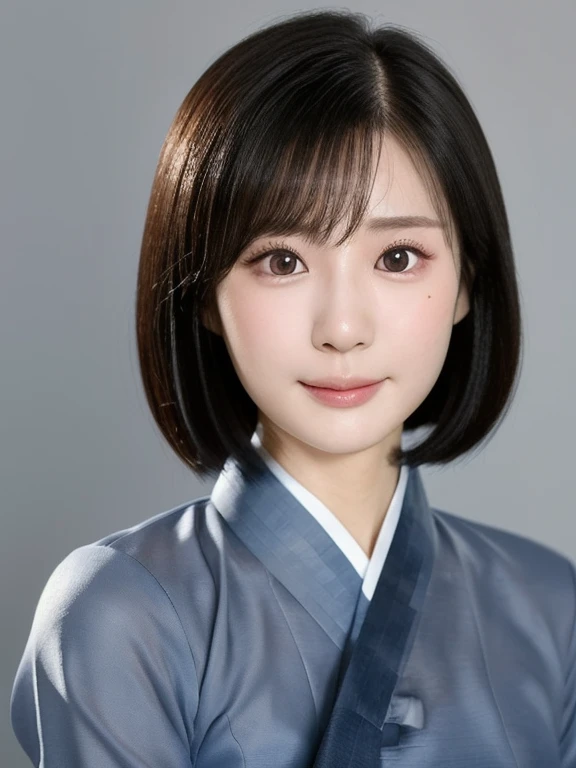 (kawaii 24 year-old Japanese girl, Nogizaka idol, Korean idol), (glossy black hair, medium bob cut:1.3), (extra rounded face, forehead, single eyelid, no makeup, soft smile:1.2), (wearing light blue concept Hanbok, Korean traditional cloth:1.3), (looking at viewer:1.2), BREAK, (simple white background:1.2), (dynamic angle, portrait:1.3), BREAK, (masterpiece, best quality, photo realistic, official art:1.4), (UHD, 8K quality wallpaper, high resolution, raw photo, film grain:1.2), (shiny skin), professional lighting, physically based rendering, award winning, (perfect anatomy, highly detailed skin, extremely detailed face and eyes, well drawn clear pupils), Carl Zeiss 85 mm F/1.4, depth of field, 1girl, solo,
