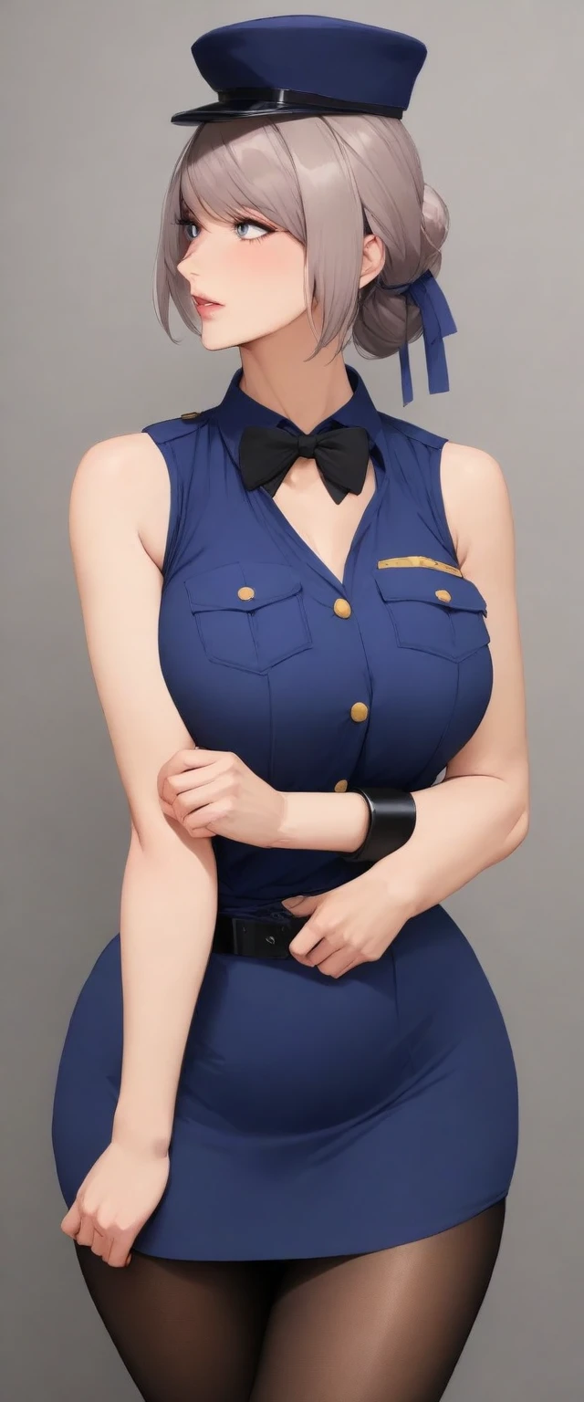 masterpiece, best quality, very aesthetic, absurdres, mature female, (police costume:1.3),(mini skirt:1.3), zettai ryouiki, bow tie, hair ribbon,
(button gap:0), sleeveless, cuffs, tights