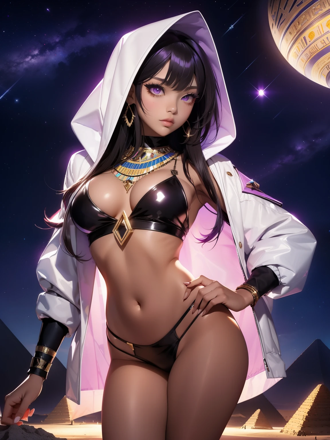 1girl, solo, korean popstar, (eyeshadow, eyelashes, eyeliner, glossy lips, full lips), 1girl, hood, (ishizu ishtar, brown skin, purple eyes), (background, night, starry sky, moonlight, desert, pyramid \(structure\)), (serious, light frown, shining eyes), naked, jewelry, long hair, breasts, dark skin, hood, necklace, perky breasts, dark-skinned female, egyptian, eye of horus, full body, standing, spread legs, seductive pose