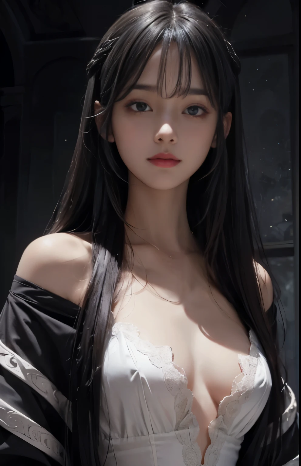 full body masterpiece, ultra realistic, 16k, high quality, incredibly detailed, dream aesthetic, dream atmosphere, cinematic, (sharp focus : 1.5), (photorealistic : 1.3), gothic (Gorgeous gothic girl), female beauty, defined jaw, square face, wonderful gothic girl (enchanting seductress), cinematic, detailed, 16k sharp focus, realistic. wonderful. Seductive (evil). black hair (realistic texture), highlighted, silky and shiny hair, detailed hair (realistic), (natural). wonderful detailed face (enchanting seductress). blushed cheekbones (rosy cheeks), tanned skin, (white skin) alabaster skin that seems to glow ethereally. Her attire is gothic. Voluptuous shape. turquoise blue eyes (evil eyes look). a symmetrical face ::2 gothic clothes + ArtStation Trends + fantasy art + realistic cloth + fractals in the background, loose hair --aspect 9:21 – enhance your unearthly beauty. realistic skin texture, pale white skin illuminated. realistic perfect shading. absurd, realistic textures. alone, alone, 1 girl. Looking at the viewer. muscular female body, hot body, toned body, defined muscles. big natural breasts, cleavage. pantyhose, gothic (black) dress (realistic texture). In different positions at different angles. Bedroom background. incredibly real, best quality, photorealistic.  