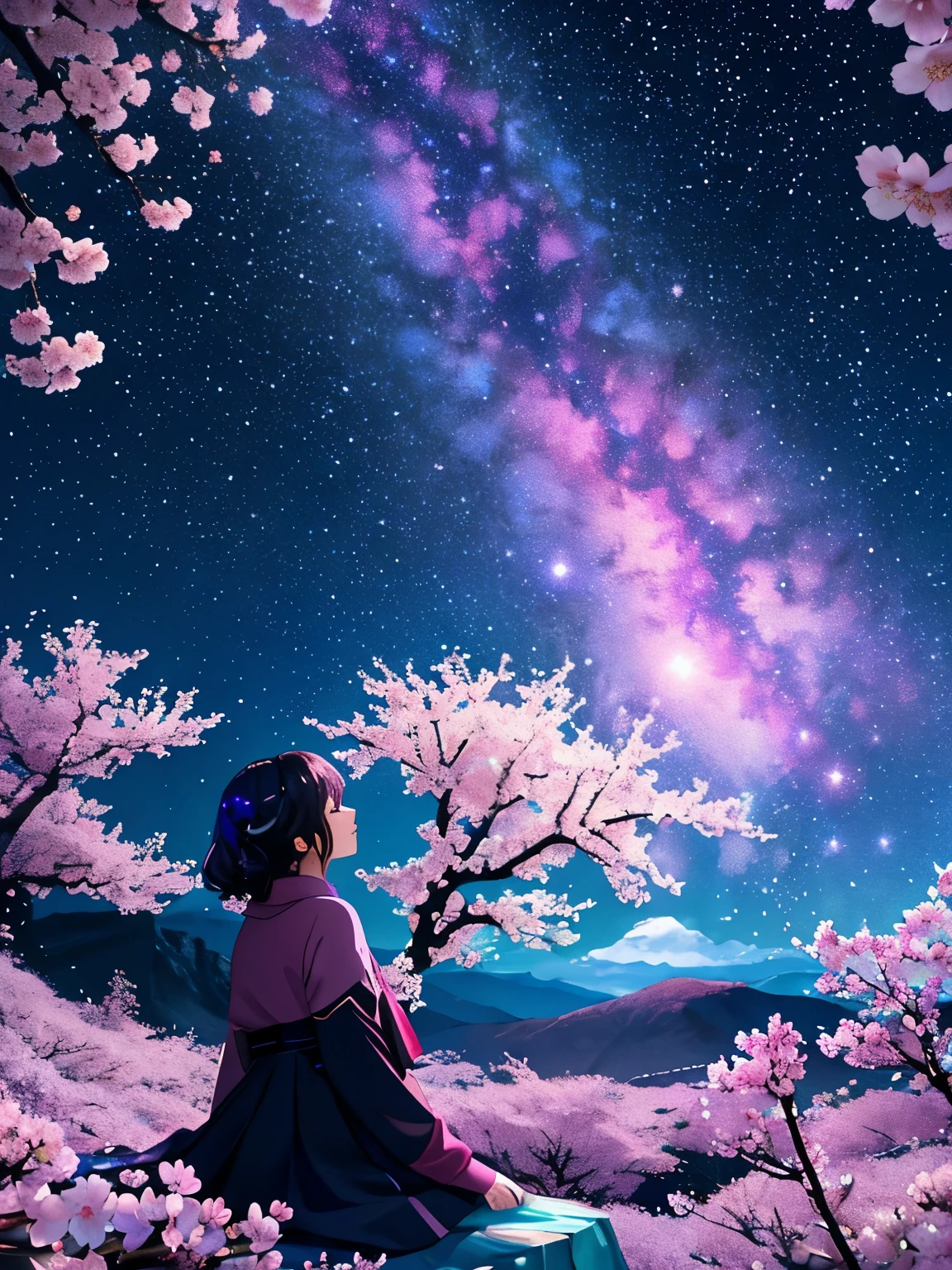 Certainly, the prompt for this image was, “An imaginative view of a cherry blossom tree at night with a more vivid and sparkling universe in the background. The scene is filled with bright, saturated colors to enhance the vibrancy of the cherry blossoms and the celestial bodies. Stars twinkle more intensely, and the Milky Way is depicted with more radiant hues of blues and purples, making the entire scene shimmer with an otherworldly glow. The petals are also infused with subtle iridescence, creating a magical atmosphere as if the tree is bathed in starlight.”