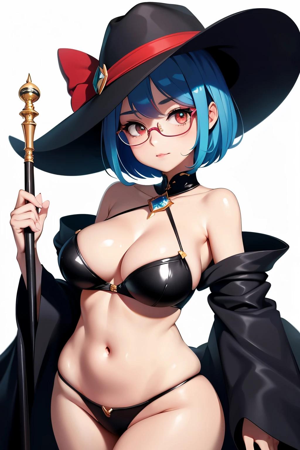((highest quality)), ((masterpiece)), (be familiar with), perfect face、Magical girl、young girl、I'm thin and my bones are noticeable、big breasts、blue hair、fluffy short hair、red eyes、have a magic wand、a wand with a large red gem、half naked、wizard's hat、wide brimmed hat、Round big glasses、pure white skin、black robe、