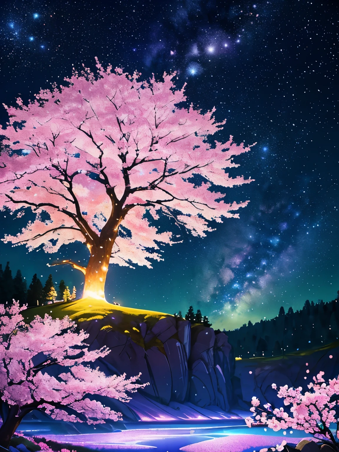 Certainly, the prompt for this image was, “An imaginative view of a cherry blossom tree at night with a more vivid and sparkling universe in the background. The scene is filled with bright, saturated colors to enhance the vibrancy of the cherry blossoms and the celestial bodies. Stars twinkle more intensely, and the Milky Way is depicted with more radiant hues of blues and purples, making the entire scene shimmer with an otherworldly glow. The petals are also infused with subtle iridescence, creating a magical atmosphere as if the tree is bathed in starlight.”