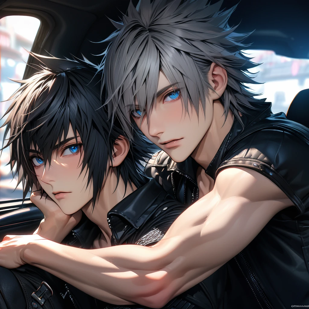 absurdres, highres, ultra detailed, HDR), masterpiece, best quality, vibrant blue eyes, finely eyes and detailed face, Riku, grey hair, Noctis Lucis Caelum, black spiky hair, Kingdom hearts, Final fantasy xv, 2men together, gay, handsome, sitting inside a car, head resting on a shoulder