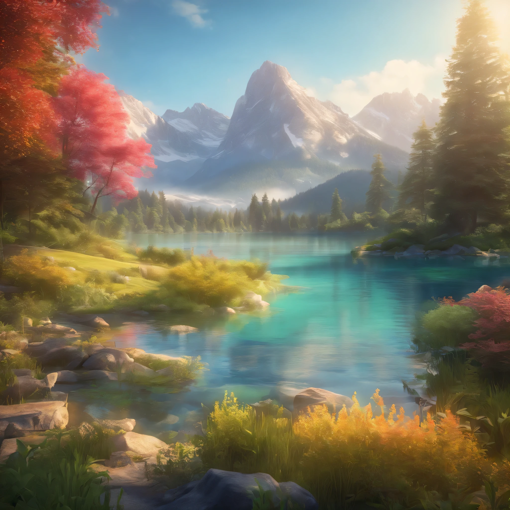 (best quality,4k,8k,highres,masterpiece:1.2),ultra-detailed,(realistic,photorealistic,photo-realistic:1.37),beautiful strokes of lake, mountains, and scenery, peaceful atmosphere, serene composition, vibrant colors, vivid brushstrokes, detailed texture, realistic portrayal of water reflections, breathtaking landscape, picturesque view, magnificent panorama, stunning artistry, harmonious blend of light and shade, natural beauty, tranquil setting, mesmerizing artwork, skilled craftsmanship, delicate depiction of nature, enchanting scenery, graceful strokes, incredible attention to detail, captivating composition, realistic representation of mountains, lake with crystal-clear waters, lush greenery, gentle breeze, soft sunlight, harmonious color palette, serene ambiance, inviting exploration, evokes a sense of calmness and tranquility, immerse yourself in the beauty of nature.