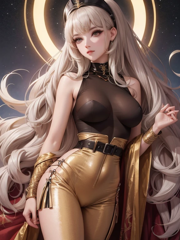 Best quality, 8K, woman, beautiful and detailed face, blod curly long hair, big eyelashes,LOOKING TO observer,beige bodystocking, black belt,SPACESHIP scenario