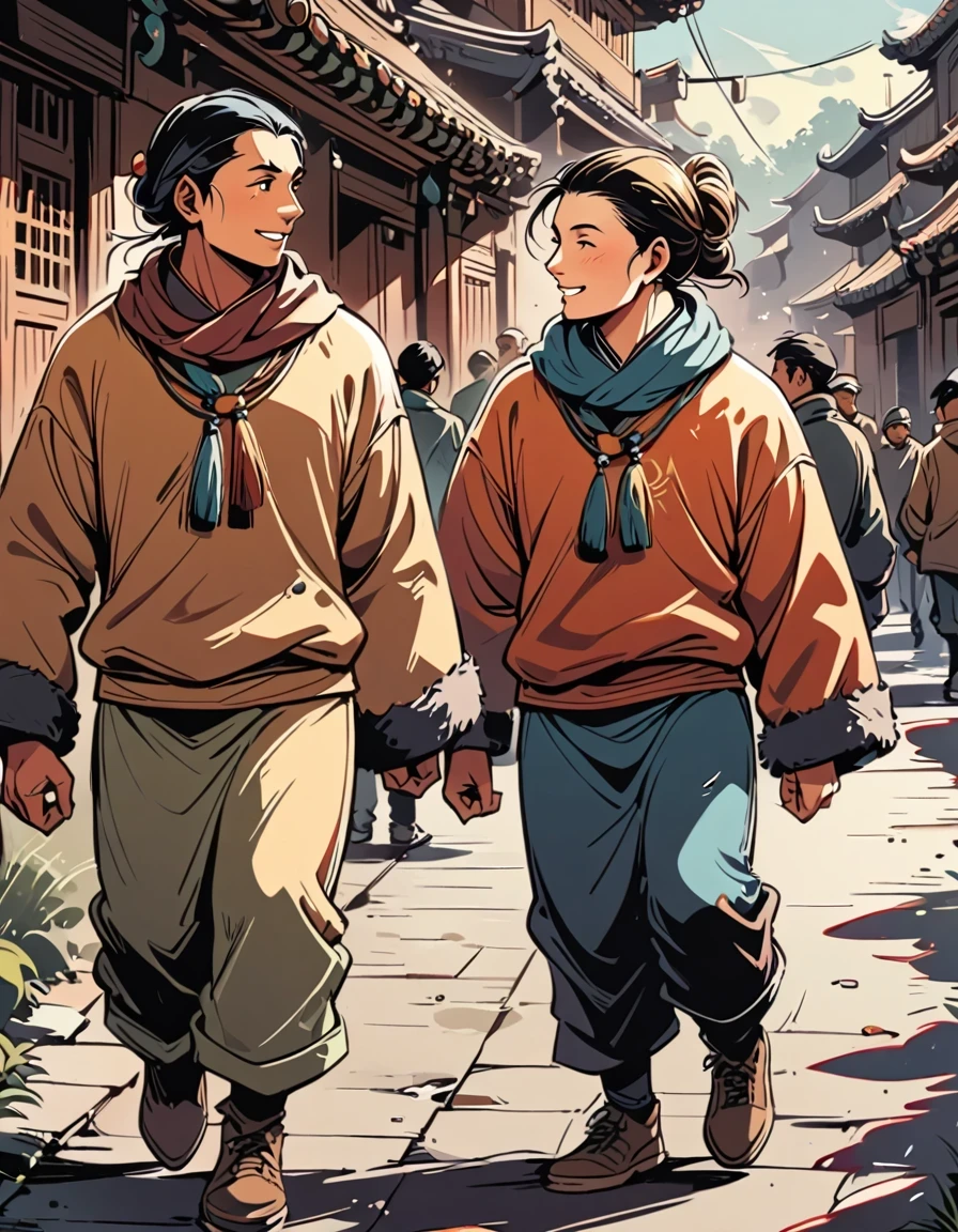 Susanne Paschke style，Vector Art ，vector art，，Chinese oil painting, closeup of Tibetan people wearing plain cotton cloth and woolen trousers standing in the street smiling at each other, with several others dressed in fur coats behind them. The background is white walls and stone floors.