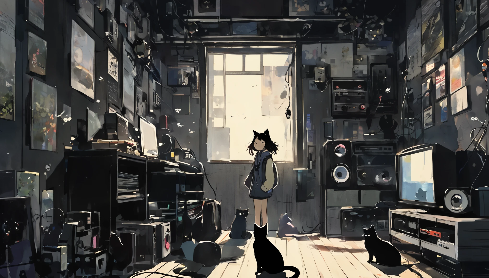 girl listening to music on headphones。dark and narrow room。One cat。