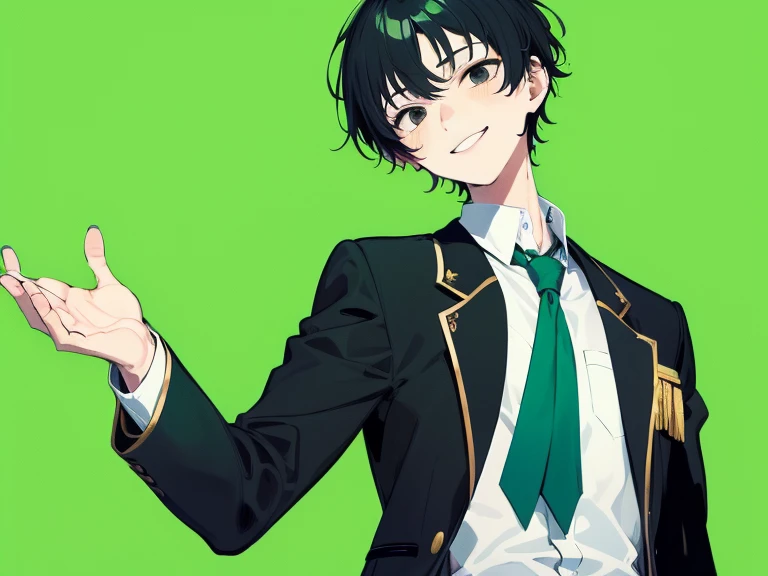 ((green background)), (long shot), (shot from the front), (smiling), 1 boy, (white school uniform), short hair, black hair, black eyes, high school student, tall, serious face, tie