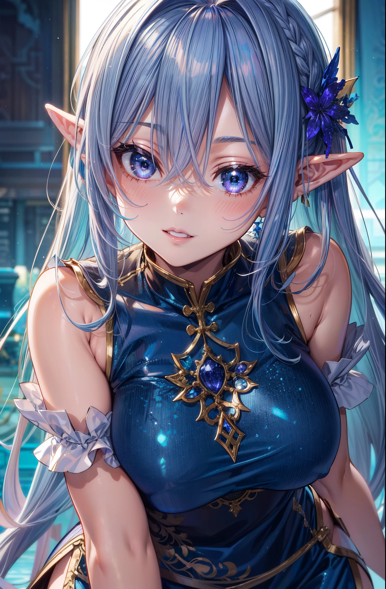 moody lighting, cute girl, (platinum blue hair), ((very long hair)), perfect face, innocent smile, (red eyes), (naked), (petite), (slender), ((tiny chest)), ((18 years old)), skindentation, extreme detail, attractive oval face, black lipstick, pink nipples, glossy skin, detailed hair, face focus, close-up chest, gold ornamental necklace, earrings, (1 girl), blush, embarrassed expression, elf ears,