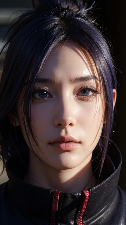 a close up of a person with long hair and a orange clothes, hyuga hanabi, hyuga hanabi from anime naruto shippuden, as an anime character, perfect anime face, she has dark blue hair with bangs, female anime character, anime character, anime best girl, hime cut hairstyle, dark blue hair, (red glossy lips:1.3), byakugan eyes, smile, realistic, ultra detail, city background, (beautiful face:1.3)