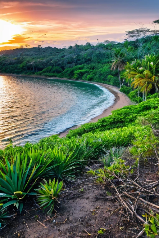 Photorealistic, ultra-detailed landscape image of a typical early April scene in Brazil. On the serene river banks, the tranquil waters mirror the clear blue sky, and from a distance, palm trees elegantly sway to the gentle breeze's rhythm. Among the lush greenery, an exuberant ciliar mangrove forest stands out, teeming with life and vibrant colors. The sun rises on the horizon, casting its first rays on the landscape, and tropical birds commence their melodic morning symphony. A subtle aroma of wet earth wafts through the air, heralding the transition from the rainy season to the dry season. This is April in Brazil