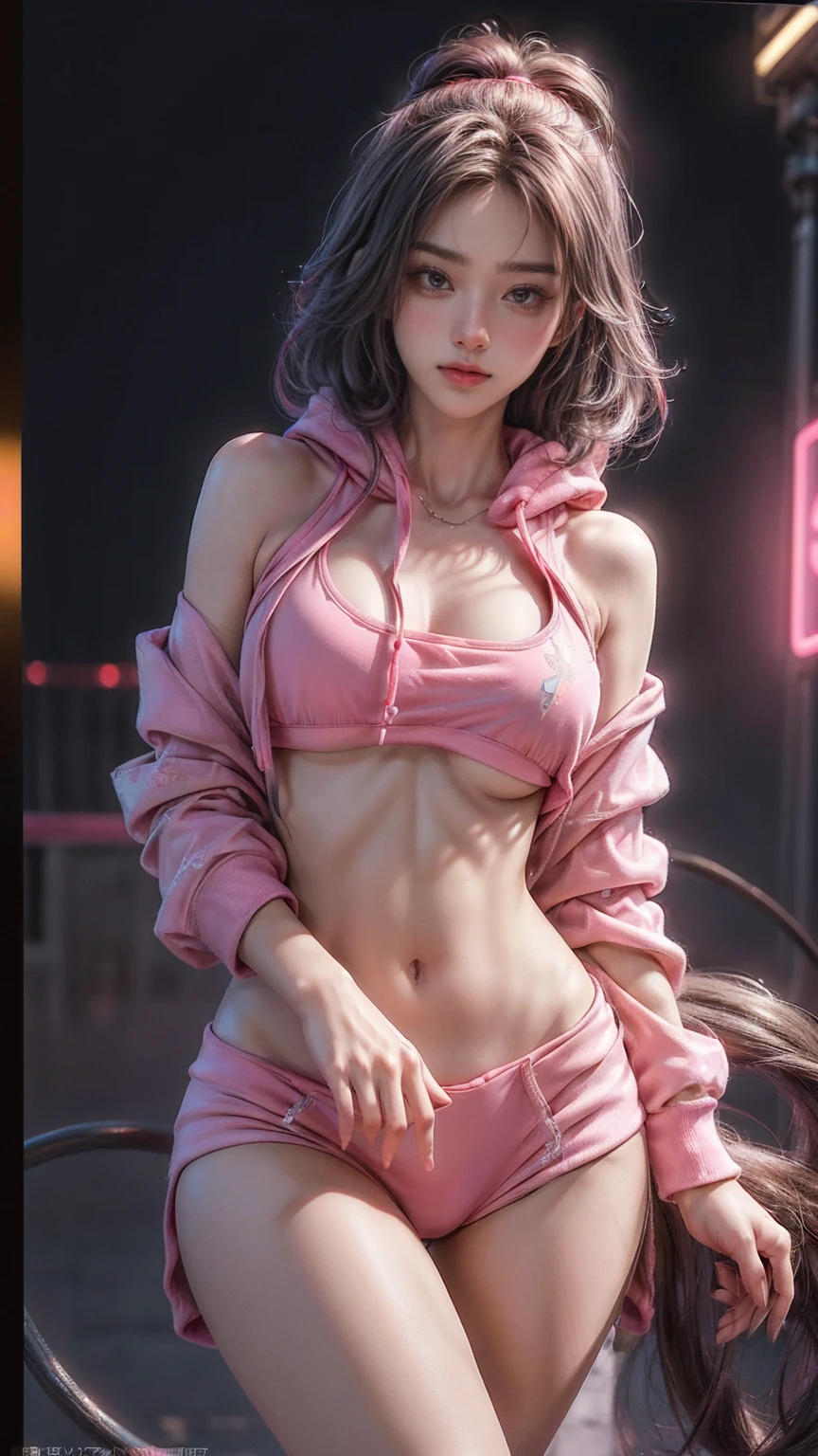 ((masterpiece, highest quality, Highest image quality, High resolution, photorealistic, Raw photo, 8K)), Ultra Wide Angle, girl, (Lower bust:1.4),Large breasts droop、(ssmile:1.5),Colored inner hair,Long gray hair:1.5,Long unkempt hair:1.35,cabelos preto e longos,Complex hairstyles,(((neon_Pink_There are eyes:1.3))),complex eyes,Beautiful and delicate eyes,symetric eye)),(spider lower abdomen,Willow waist,Wide hips,athletic body build,inflatable legs,Detailed body), Cute big breasts,'s,((((cropped hoodie,)))), (dynamicposes:1.0),Just focus,Embarrassing,(Located in the center,Scale to fit the dimensions,the rule of thirds), Neon lights are particularly eye-catching, very bright neon light,during night, star night, kosmos, artsy photography,(Photos taken by sldr),A high resolution, Focus sharp, (realistic artwork:1.37),(extremely detaild's CG unified 8k wallpapers),((Synthetic wave background theme)),(((vibrant with colors))),iintricate,(intricate background),(tmasterpiece),(Best quality at best),It's a perfect face,Perfect facial detail,Realistic face,Live photos,analogue style,((Complicated details)),(((actual))),