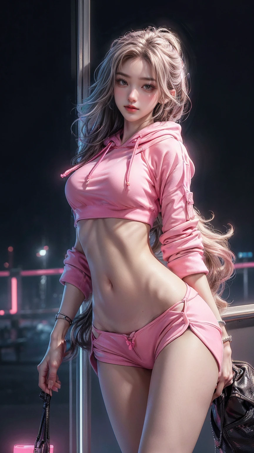 ((masterpiece, highest quality, Highest image quality, High resolution, photorealistic, Raw photo, 8K)), Ultra Wide Angle, girl, (Lower bust:1.4),Large breasts droop、(ssmile:1.5)，Colored inner hair,Long gray hair:1.5,Long unkempt hair:1.35,cabelos preto e longos,Complex hairstyles,(((neon_Pink_There are eyes:1.3))),complex eyes,Beautiful and delicate eyes,symetric eye)),(spider lower abdomen,Willow waist,Wide hips,athletic body build,inflatable legs,Detailed body), Cute big breasts,'s,((((cropped hoodie,)))), (dynamicposes:1.0),Just focus,Embarrassing,(Located in the center,Scale to fit the dimensions,the rule of thirds), Neon lights are particularly eye-catching, very bright neon light,during night, star night, kosmos, artsy photography,(Photos taken by sldr),A high resolution, Focus sharp, (realistic artwork:1.37),(extremely detaild's CG unified 8k wallpapers),((Synthetic wave background theme)),(((vibrant with colors))),iintricate,(intricate background),(tmasterpiece),(Best quality at best),It's a perfect face,Perfect facial detail,Realistic face,Live photos,analogue style,((Complicated details)),(((actual))),