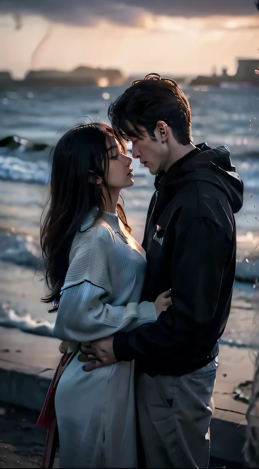 Couple putting their hands on the girl&#39;s waist and looking at each other in front of the sea boy