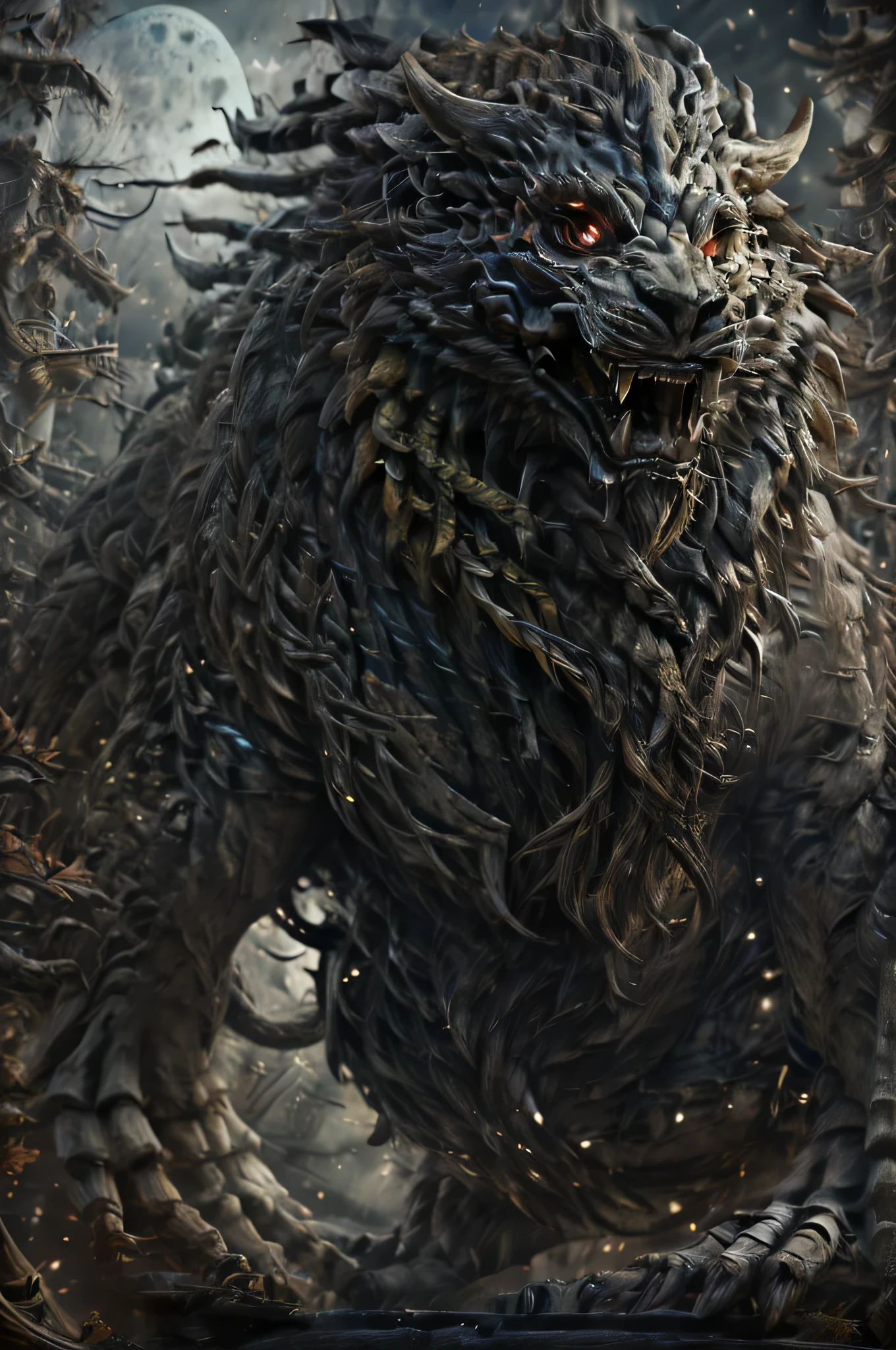 Skeleton Wolf, close up, Creepy eyes, glowing moon elf, night view