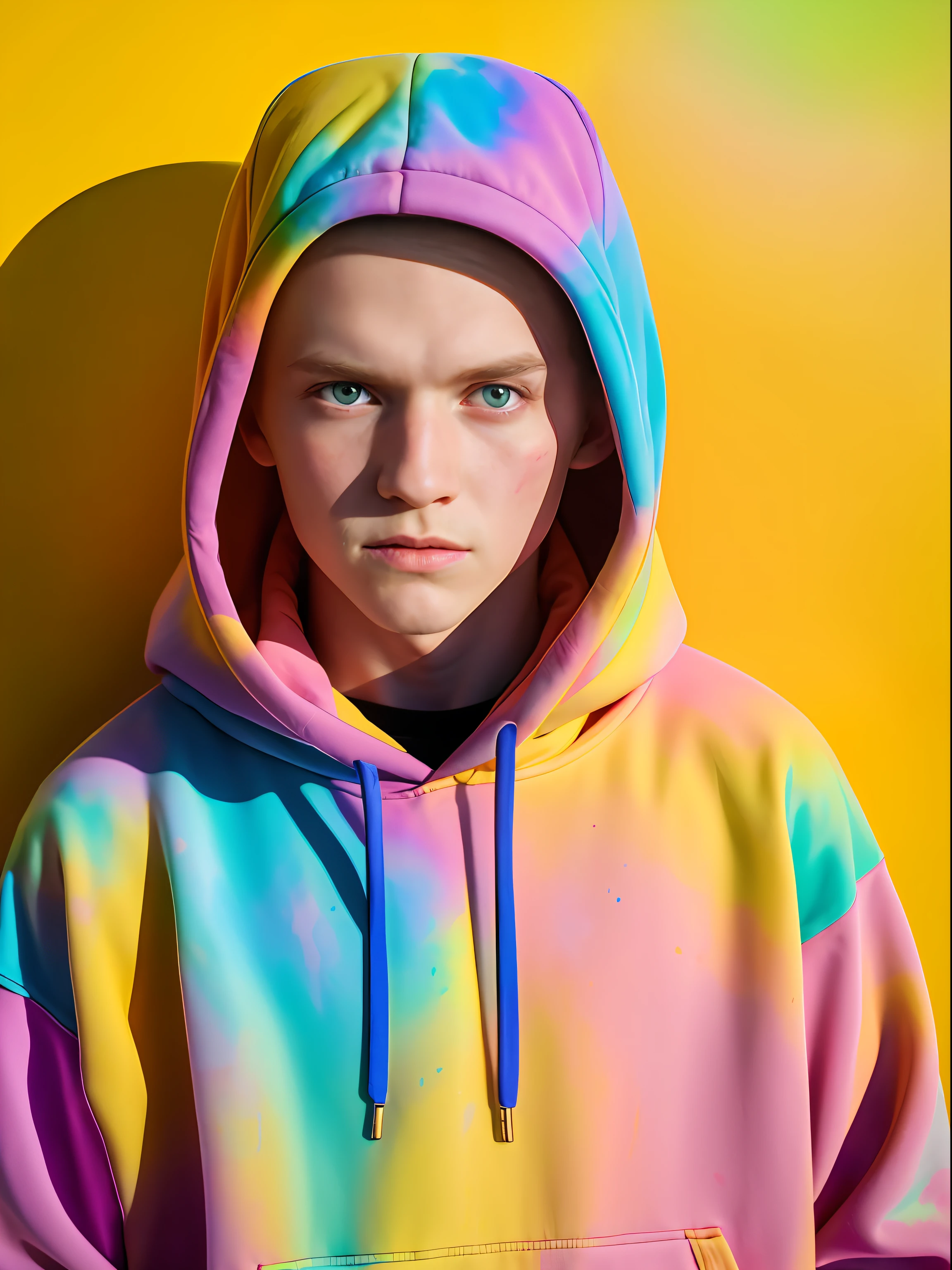 Handsome young man in a full-length hoodie, looks at the viewer, Holi Color Festival, European type of appearance, European face, Green eyes and blonde hair,  Against the backdrop of a sunny city, Details, rays of sunshine, гипердетальный POV, by Lee Jeffries, Nikon D850, Camera roll, 4 Kodak Portra 400, F1 camera lens.6, saturated colors, A hyper-realistic, lifelike texture, spectacular lighting, Cinestill 800,