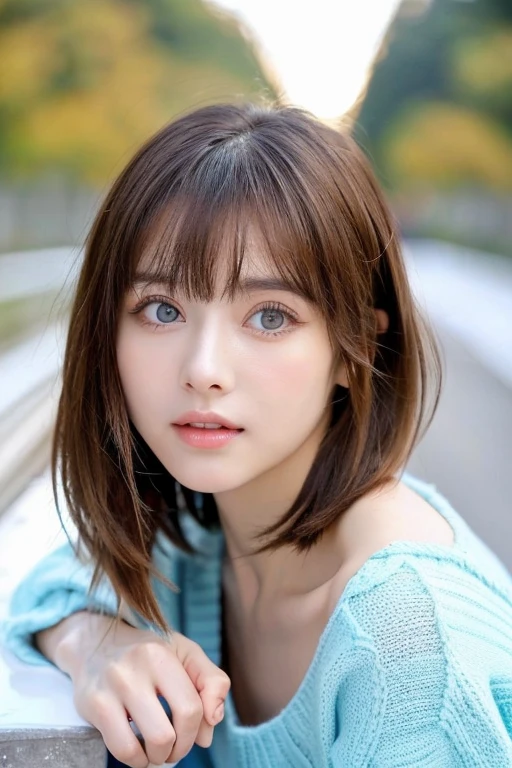 (table top, highest quality、high detail:1.4、Very attractive adult beauty、Adds intense highlight to the eyes、Please look closely at the camera:1.4、Beautiful woman full of adult charm、ideal body proportions、brunette short bob hair、shiny hair、lip gloss),1 girl, light brown shiny hair,,realistic,tilt your head a little, bright colored crystal light blue eyes,、knit sweater、 lips, lip gloss,bangs, Upper body、Big eyes、eyelash、my face is a little red、embarrassing)、((Italian road network in winter、絶対に美しいbangs:1.4))、((bangsのあるショートヘア、Big eyes、{huge|big|hugeな|mega} chest:1.4、bigchest、look at the viewer、very beautiful beauty、Please show your ears、long neck、smile a little、beautiful teeth、)、28 years old、super cute super model、