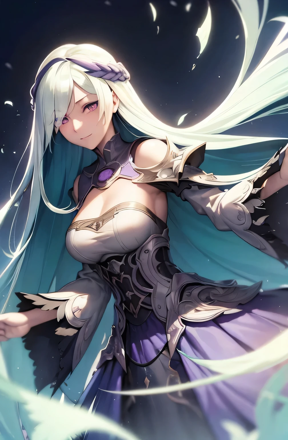 (masterpiece),(best quality), illustration, (fantasy:1.4), long white hair with teal accent, long eye lashes, solid circle eyes, purple eyes, light smile, drop shadow, anaglyph, stereogram, atmospheric perspective, 8k, super detail, accurate, best quality, UHD, textured skin, long dress, a moon, flowers , paper_cut