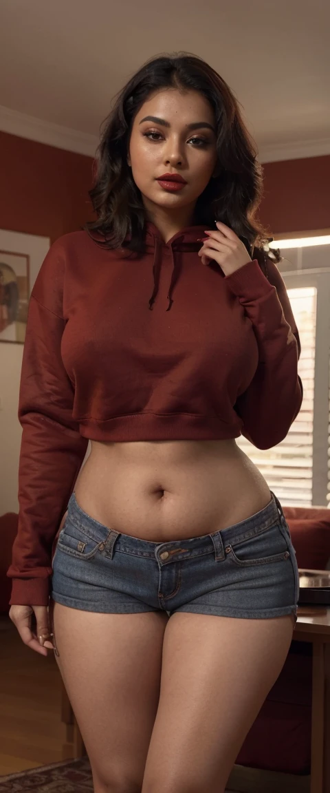 Gorgeous Indian women, (((red color sweatshirt))), (((wearing red color sweatshirt))), and (((wearing jean gray color shorts)), (((red color skin))), ((dark red lipstick)), (((rearing's))), looking at viewer, in the room, in the leaving room, detailed navel, thick thighs, large breasts, alluring body, beautiful sexy body, ((good proportion)), seducing, realistic background, pose, chubby red women,