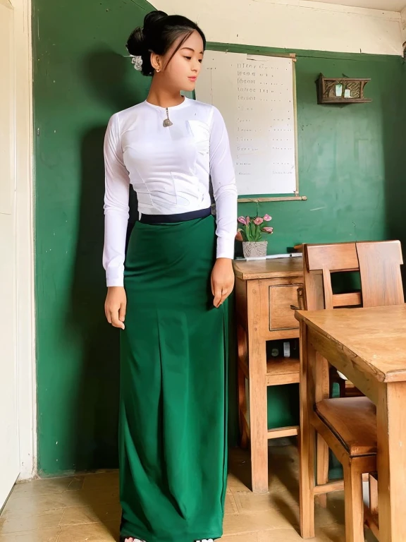 A school teacher is 30years old.Tall, thin, big hips, big breasts, black hair, small lips, brown eyes, attractive, 64K.Top=white Burmese blouse,With long sleeves,Buttoned at the side.Bottom=(Dark green) long skirt.
Footwear=female Burmese sandals,The hair is knotted bun.