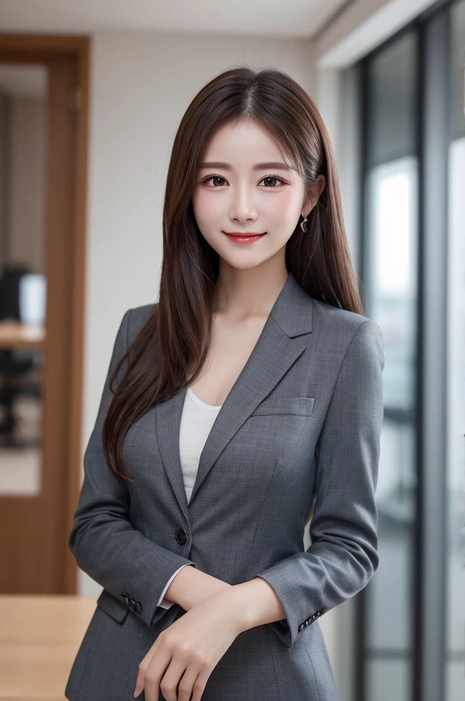 (8K、highest quality、highest quality、masterpiece、ultra high resolution、big 、carefully crafted face、beautiful fingers、beautiful hands、skin texture),whole body、idol sculpture、((long hair))、alone、beautiful double eyelids、smile、(business suit)、office、(woman)、OL、business、