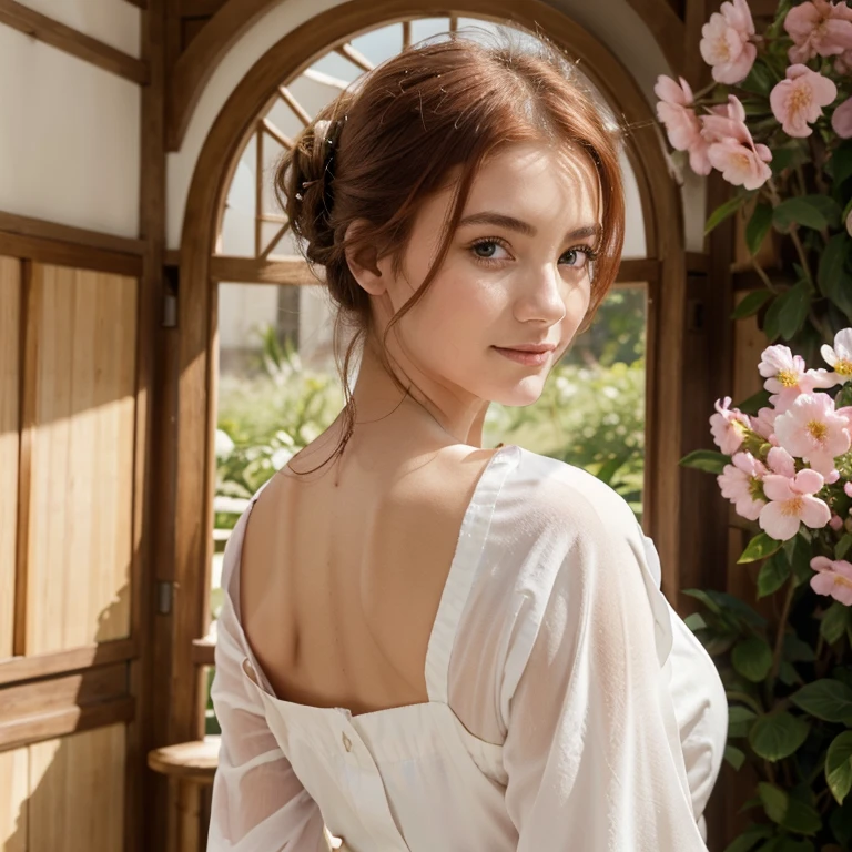 (best quality, chef-d'artwork:1.2), Ultra-detailed, visage parfait, belle fille aux longs cheveux rouges portant un kimono blanc, sexy, ombrelle, cerisier en fleurs, Tout le corps, Delicate facial features, vibrant red hair cascading down her back, glowing clear skin'a pinkish tint, expression captivante dans ses yeux, un sourire radieux illuminant son visage, posture gracieuse, plis et motifs complexes sur le kimono blanc, soft and gentle breeze rustling the cerisier en fleurs, delicate pink petals floating in the'air, ambiance sereine et tranquille, Des couleurs vives, une attention impeccable aux détails, de fins coups de pinceau capturant chaque nuance, composition impeccable, la jeune fille se fond harmonieusement dans l'environnement, creating a timeless chef-d'artwork.