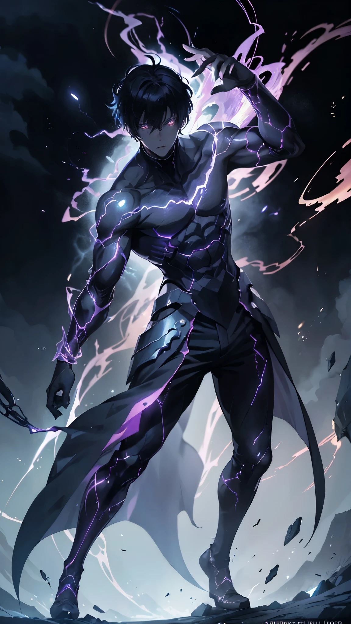 epic anime style, purple lightning, evil temperament, 20-year-old male shadow assassin, glowing black aura, shadow supervisor, handsome face, brilliant and majestic. Beautiful standard body and complete body structure. full body shot of a man with lightning in his hand, an epic anime about a purple energy man, in a battle stance with dark hair and glowing eyes looking at the viewer. Cool Gapmoe Yandere, menacing look, gintama's Hijikata Toushirou, inspired by Masanobu Okumura, the originator of the anime art style, Nobutaka Ike, the night war rages behind him. Highest image quality 8K, details everything 8K.