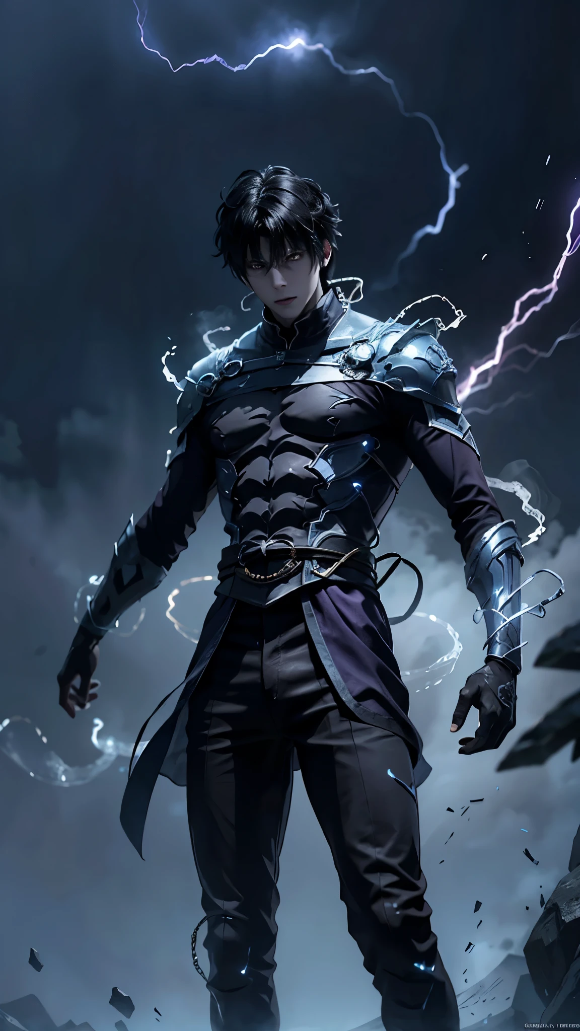 epic anime style, purple lightning, evil temperament, 20-year-old male shadow assassin, glowing black aura, shadow supervisor, handsome face, brilliant and majestic. Beautiful standard body and complete body structure. full body shot of a man with lightning in his hand, an epic anime about a purple energy man, in a battle stance with dark hair and glowing eyes looking at the viewer. Cool Gapmoe Yandere, menacing look, gintama's Hijikata Toushirou, inspired by Masanobu Okumura, the originator of the anime art style, Nobutaka Ike, the night war rages behind him. Highest image quality 8K, details everything 8K.