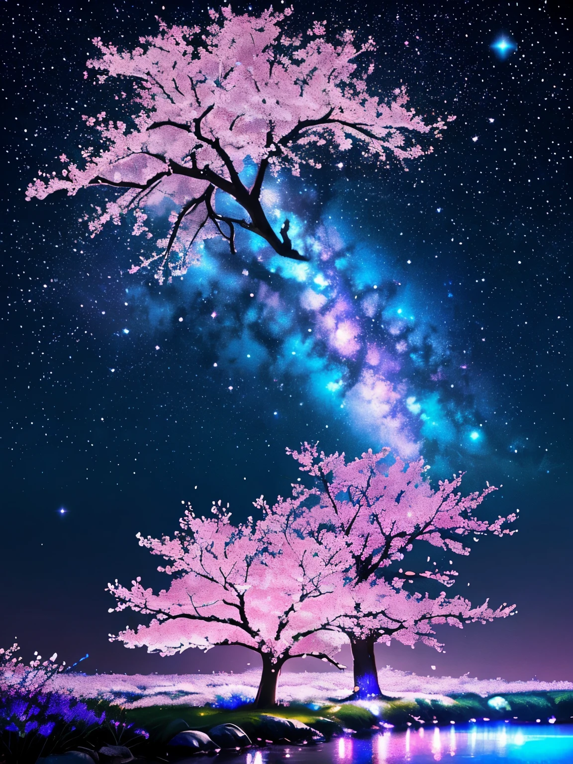 Certainly, the prompt for this image was, “An imaginative view of a cherry blossom tree at night with a more vivid and sparkling universe in the background. The scene is filled with bright, saturated colors to enhance the vibrancy of the cherry blossoms and the celestial bodies. Stars twinkle more intensely, and the Milky Way is depicted with more radiant hues of blues and purples, making the entire scene shimmer with an otherworldly glow. The petals are also infused with subtle iridescence, creating a magical atmosphere as if the tree is bathed in starlight.”