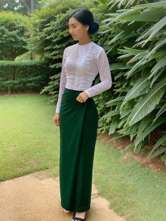 A school teacher is 30years old.Tall, thin, big hips, big breasts, blonde hair, small lips, blue eyes, attractive, 64K.Top=white Burmese blouse,With long sleeves,Buttoned at the side.Bottom=(Dark green) long skirt.
Footwear=female Burmese sandals,The hair is knotted bun.European.