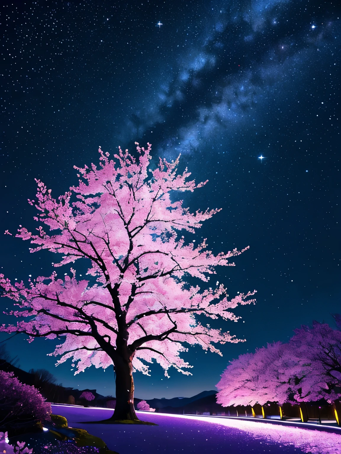 Certainly, the prompt for this image was, “An imaginative view of a cherry blossom tree at night with a more vivid and sparkling universe in the background. The scene is filled with bright, saturated colors to enhance the vibrancy of the cherry blossoms and the celestial bodies. Stars twinkle more intensely, and the Milky Way is depicted with more radiant hues of blues and purples, making the entire scene shimmer with an otherworldly glow. The petals are also infused with subtle iridescence, creating a magical atmosphere as if the tree is bathed in starlight.”
