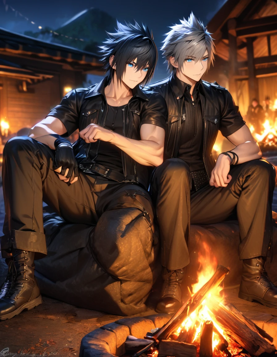 absurdres, highres, ultra detailed, HDR), masterpiece, best quality, vibrant blue eyes, finely eyes and detailed face, Riku, grey hair, Noctis Lucis Caelum, black spiky hair, Kingdom hearts, Final fantasy xv, 2men together, gay, handsome, sitting in front of a bonfire, night, outside
